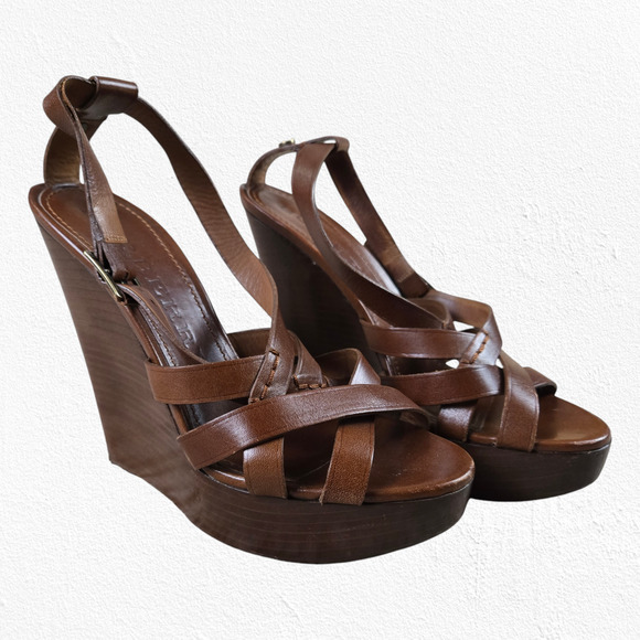 Burberry Brown Delmar Genuine Leather Slingback Open Toe Wedge Sandals 38.5 8.5 - Picture 1 of 16